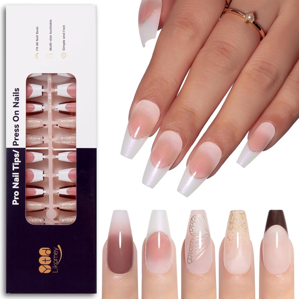 Long Coffin French Tip With Gold Glitter And Butterflies Press On Nails